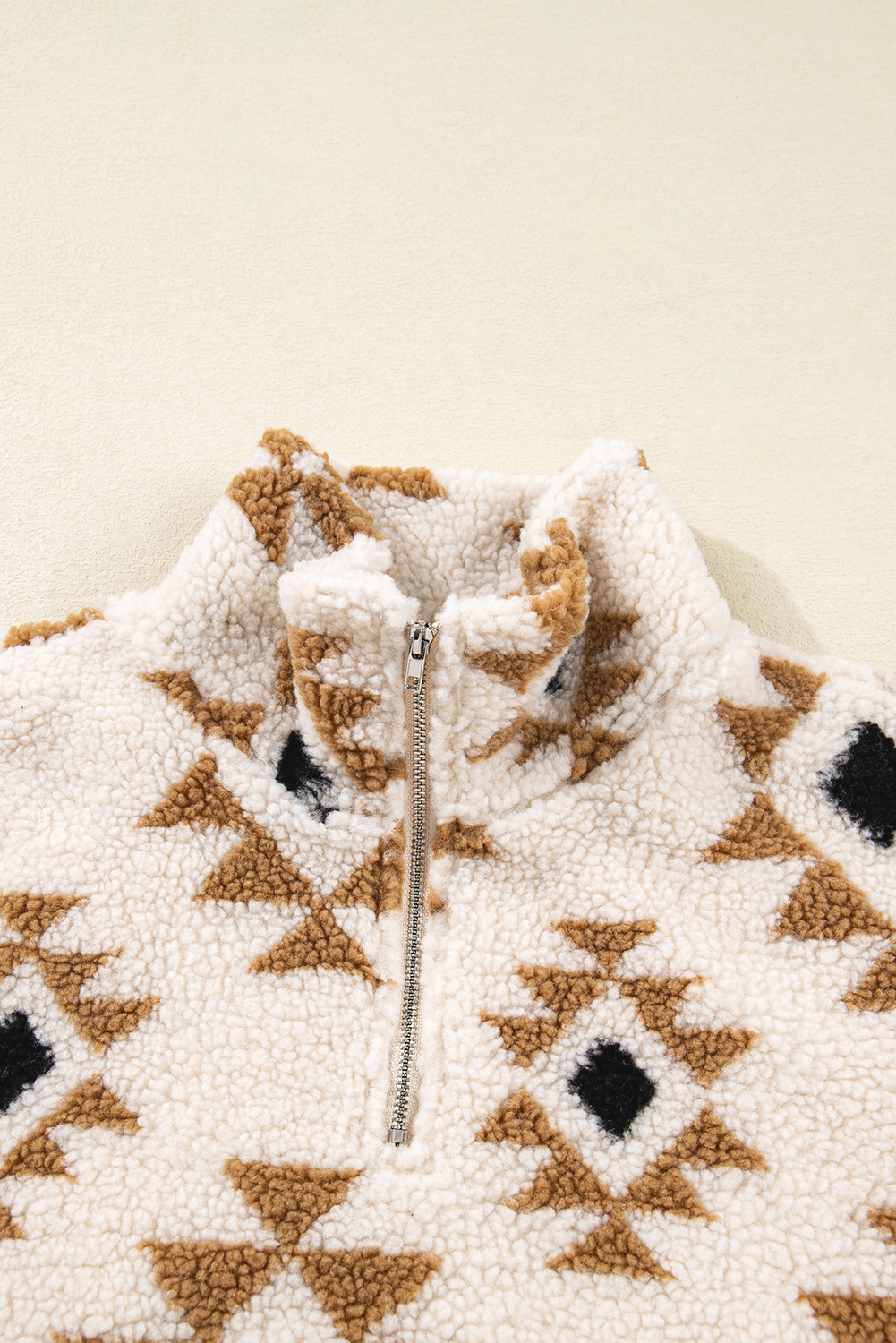 Khaki Aztec Print Sherpa Quarter Zip Collar Sweatshirt - Image 3