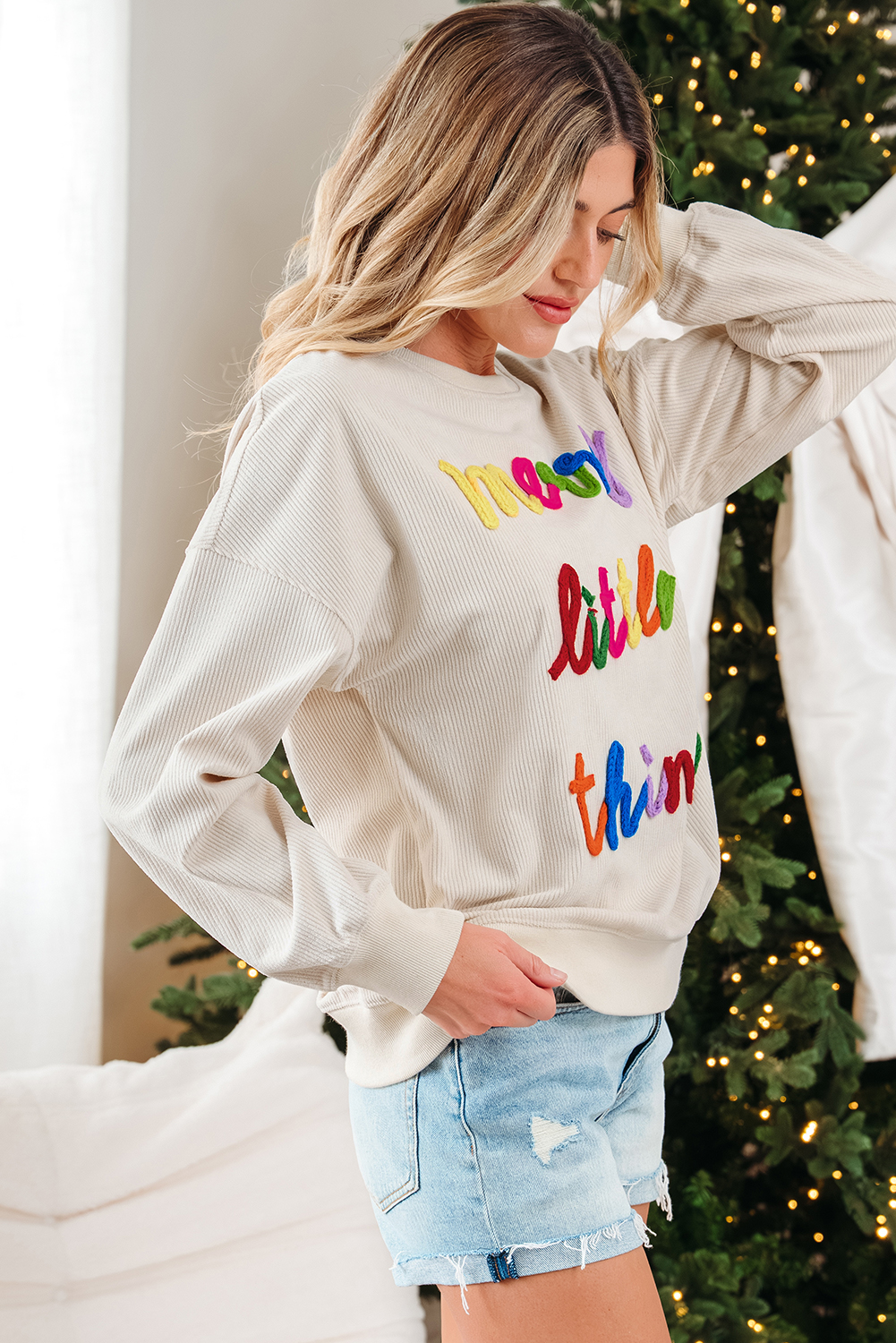 Beige merry little thing Corded Letter Graphic Ribbed Loose Sweatshirt - Image 3