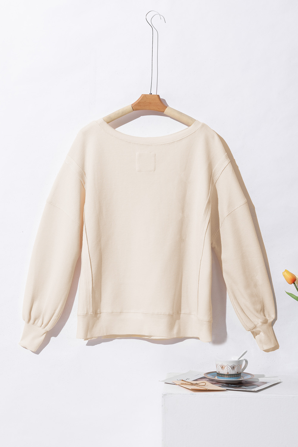 White Waffle knit Bishop Sleeve Split Oversized Top - Image 8