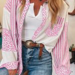 Pink Leopard Striped Western Casual Shirt