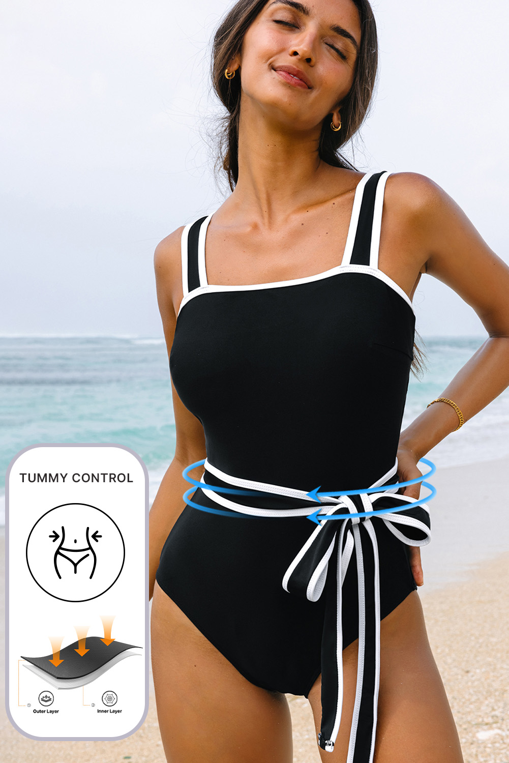 Black Colorblock Edge Belted One Piece Swimsuit - Image 2