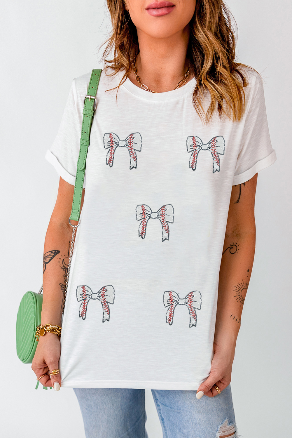 White Glitter Baseball Bow Patched Cotton Blend T Shirt - Image 6