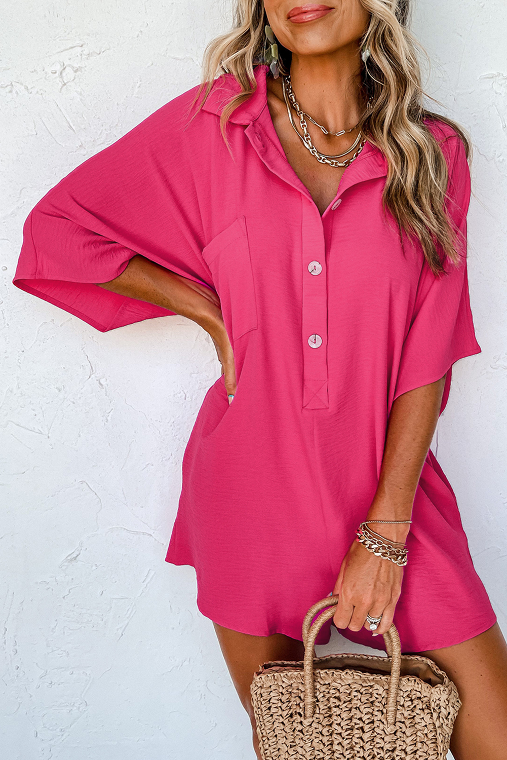 Bright Pink Half Button Collared Loose Romper - Image 8