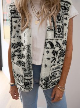 Beige Sherpa Paisley Print Pocketed Western Fashion Vest Jacket