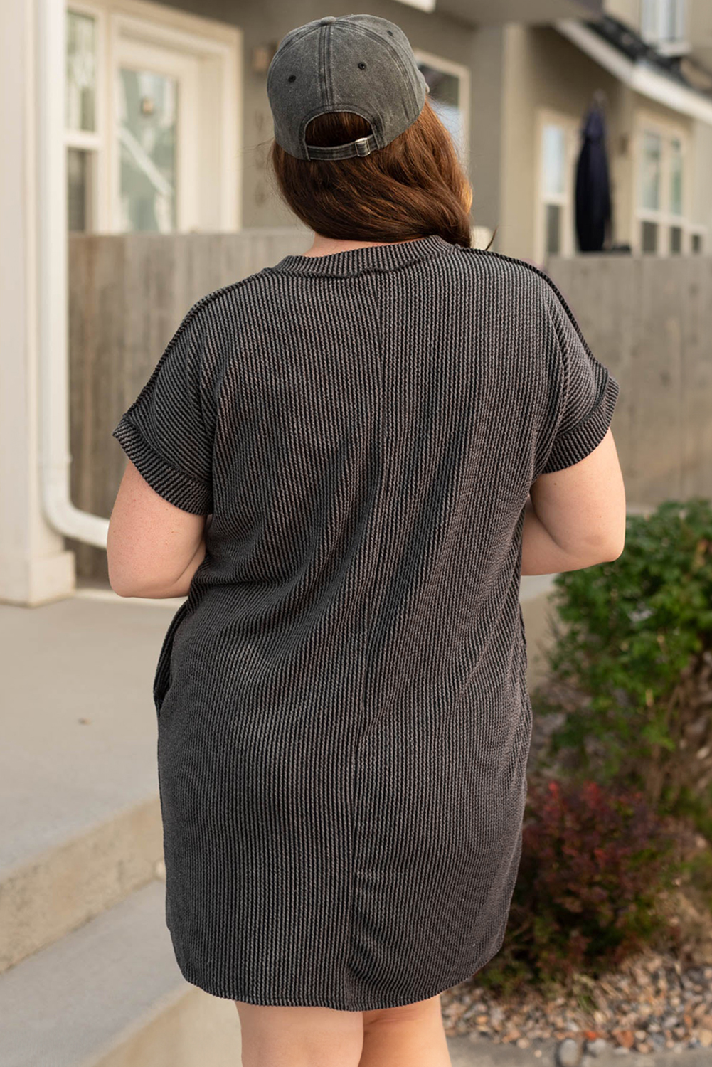 Carbon Grey Corded V Neck Plus Size T Shirt Dress with Pockets - Image 2