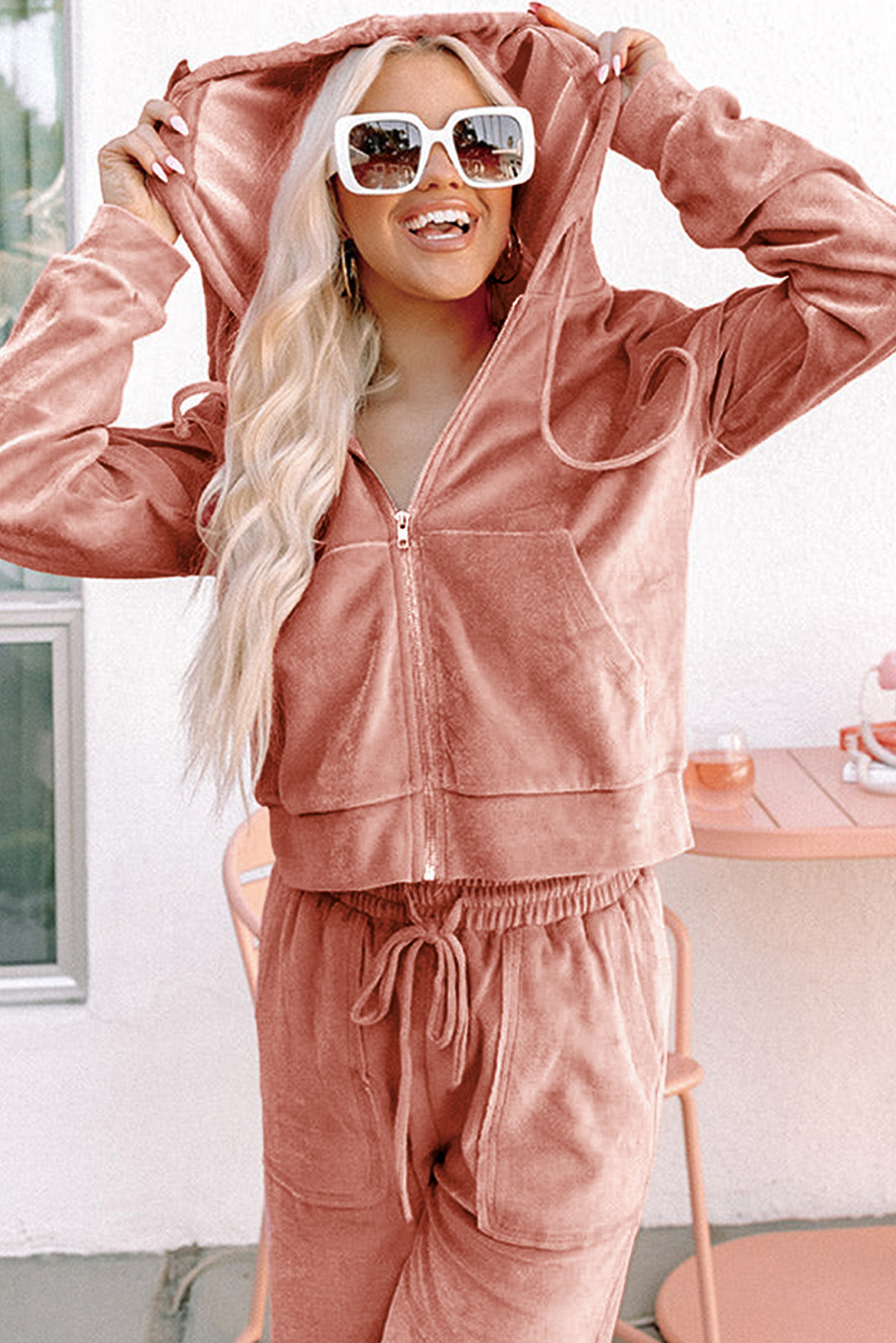 Peach Blossom Velvet Zip-up Hoodie and Wide Leg Pants Set - Image 6