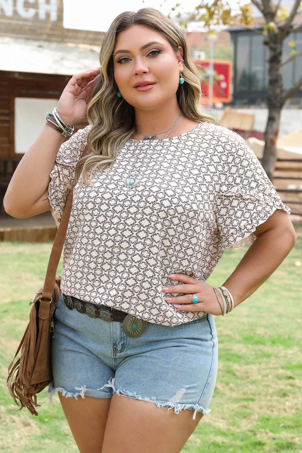 Khaki Plus Size Geometric Print Ruffled Sleeve Blouse - Image 3
