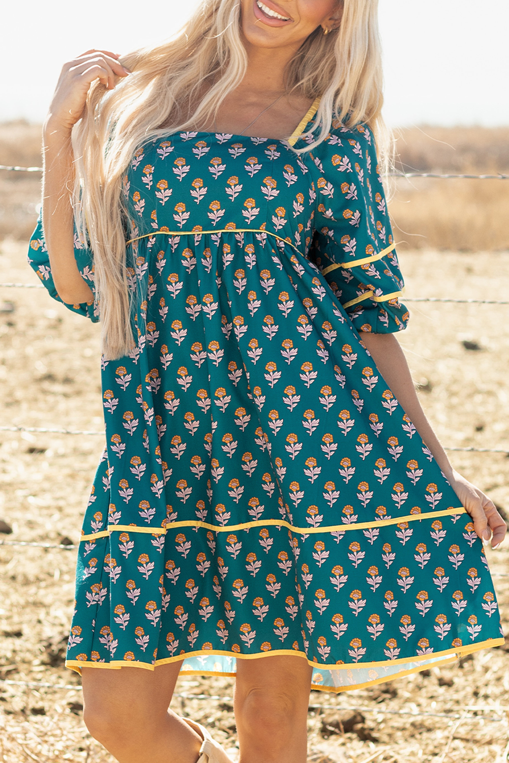 Skobeloff Floral Contrast Trim Square Neck Puff Sleeve Dress - Image 8