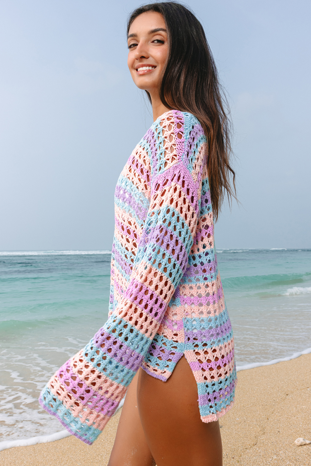 Purple Multi Stripe Open Knit Sweater Beach Cover Up - Image 3
