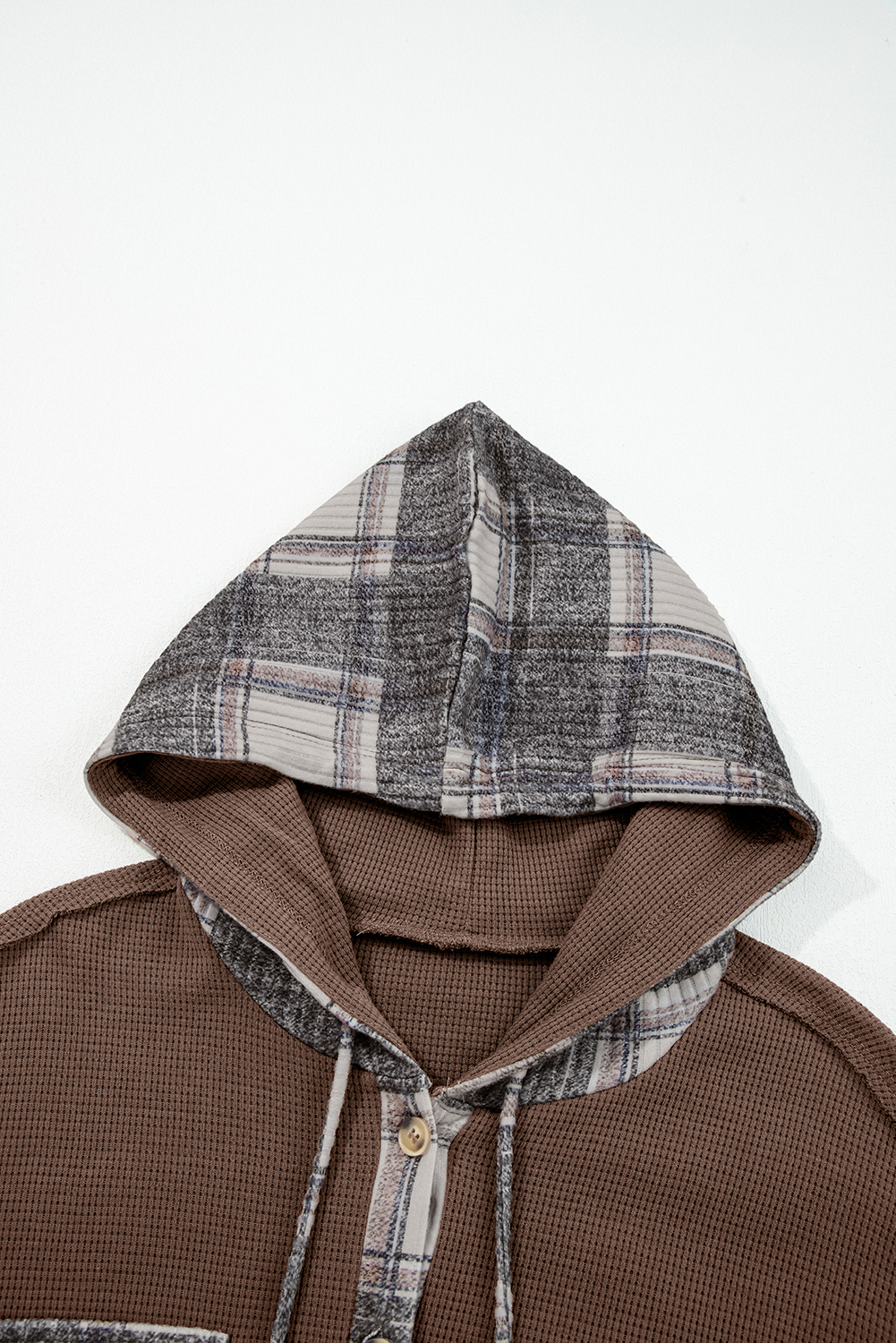 Brown Plaid Patchwork Button Down Drawstring Hooded Shacket - Image 6