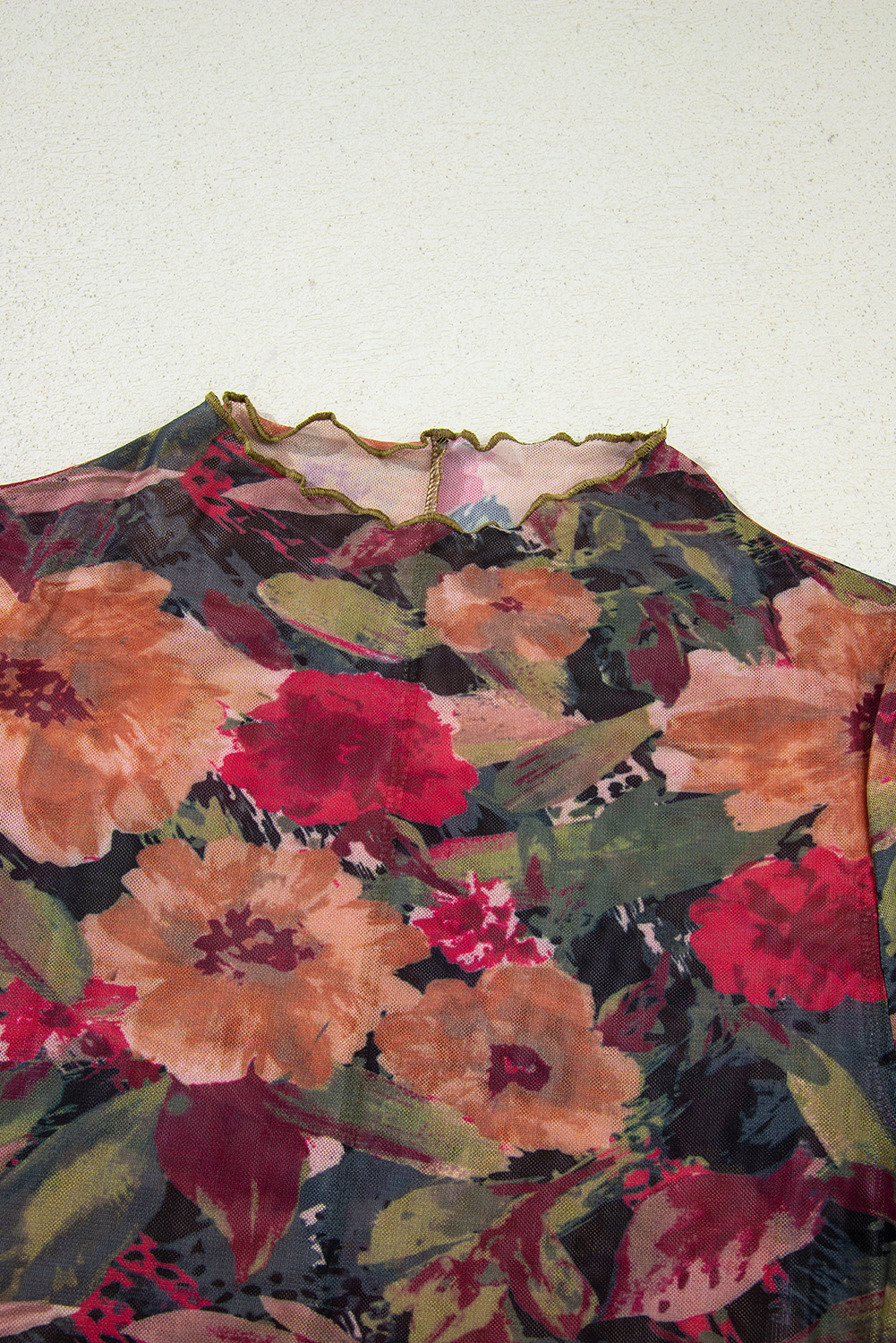 Multicolour Floral Print Lettuce Trim Long Sleeve Mesh Top - Image 8