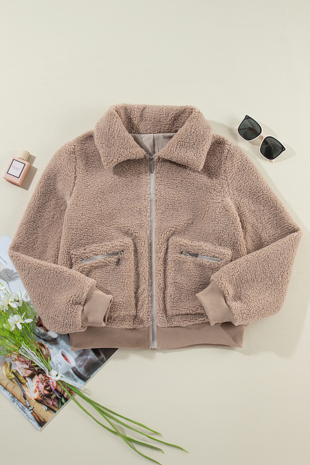 Light French Beige Zipper Pocketed Winter Fuzzy Jacket - Image 5