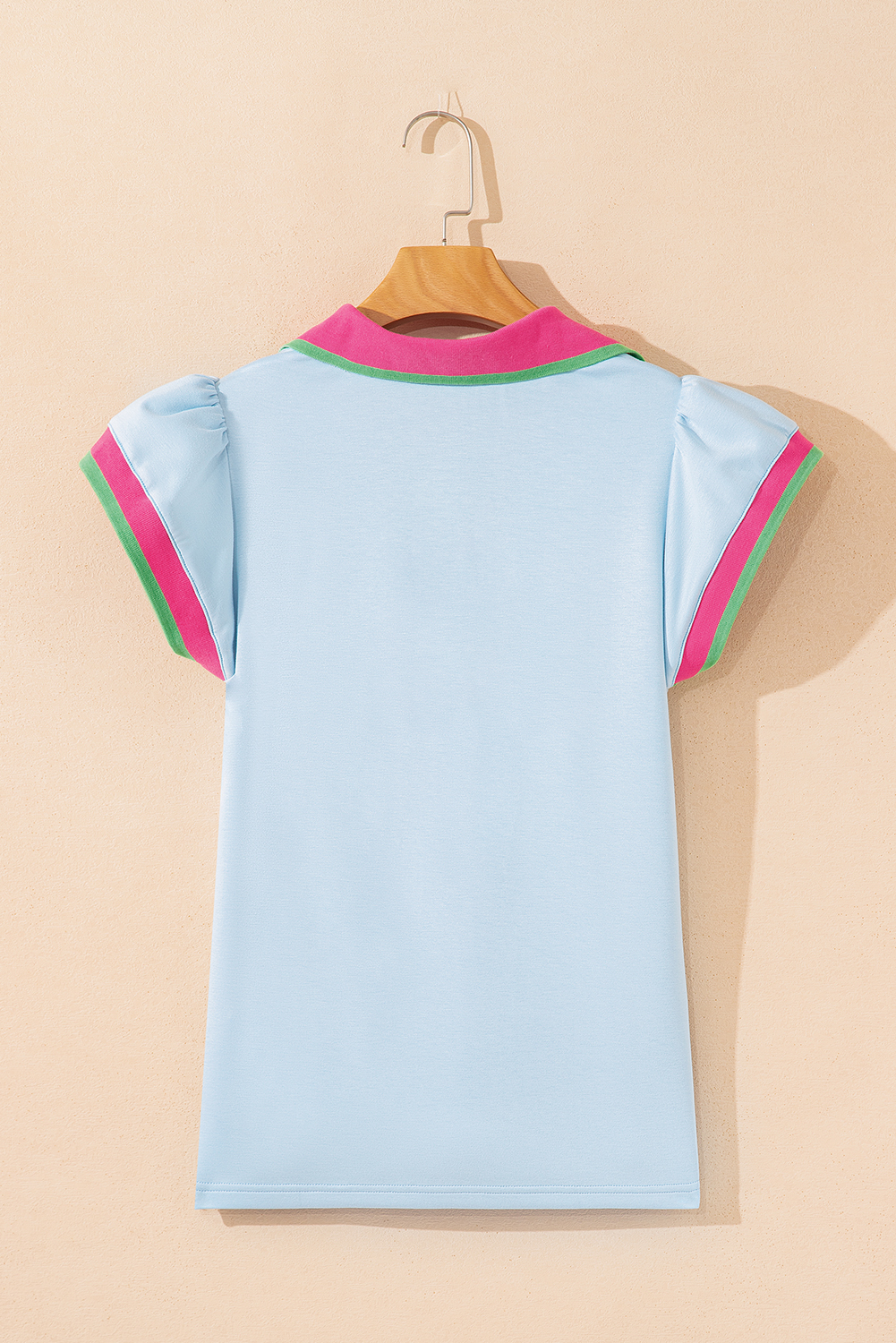 Beau Blue Color Contrast Ruffled Sleeve Collared V Neck Blouse - Image 6