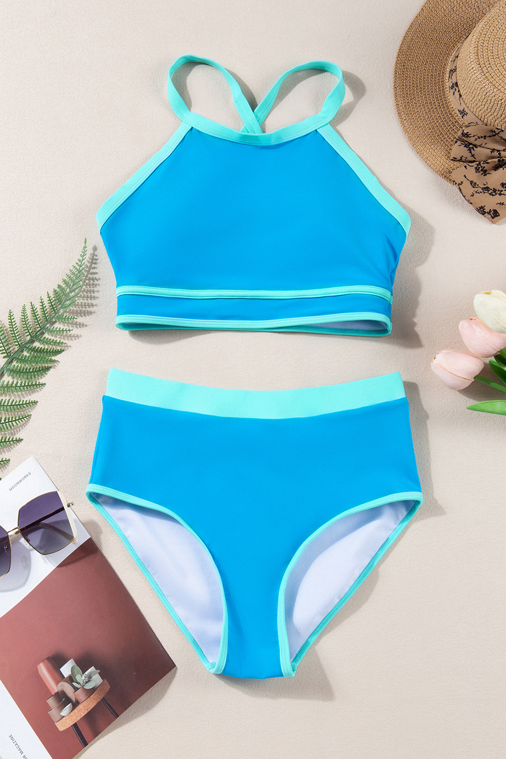 Blue Contrast Trim Crisscross Back High Waisted Bikini - Image 7