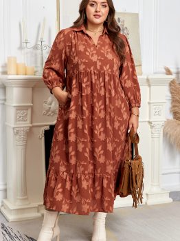 Cinnamon Plus Size Textured 3D Flower Pattern Ruffle Hem 3/4 Sleeve Long Dress