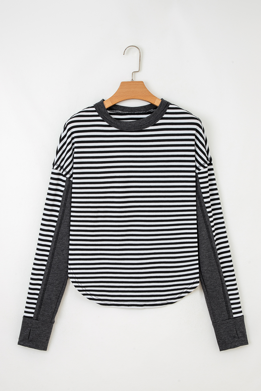 Black Stripe Thermal Knit Drop Shoulder Casual Top - Image 5