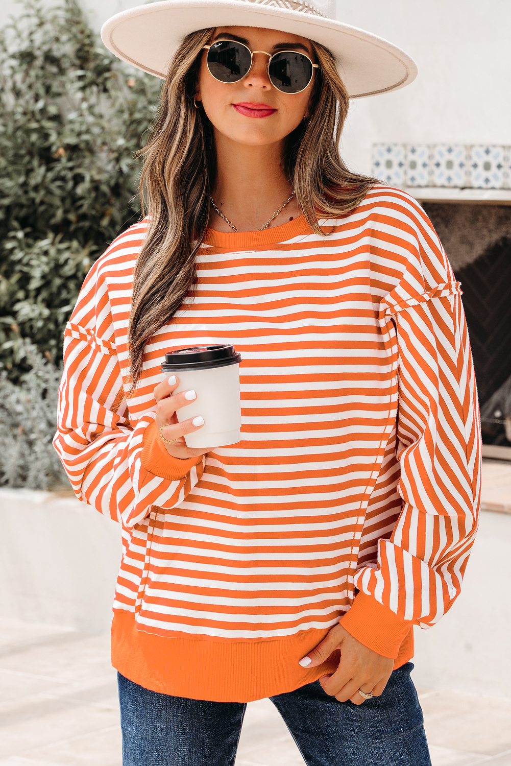 Orange Stripe Exposed Seam Drop Shoulder Casual Pullover Top - Image 3