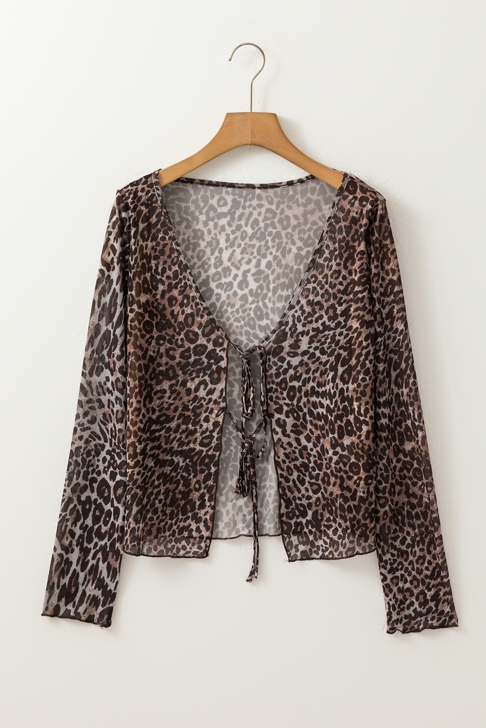 Multicolour Leopard Sheer Mesh Long Sleeve V Neck Lace-up Blouse - Image 8