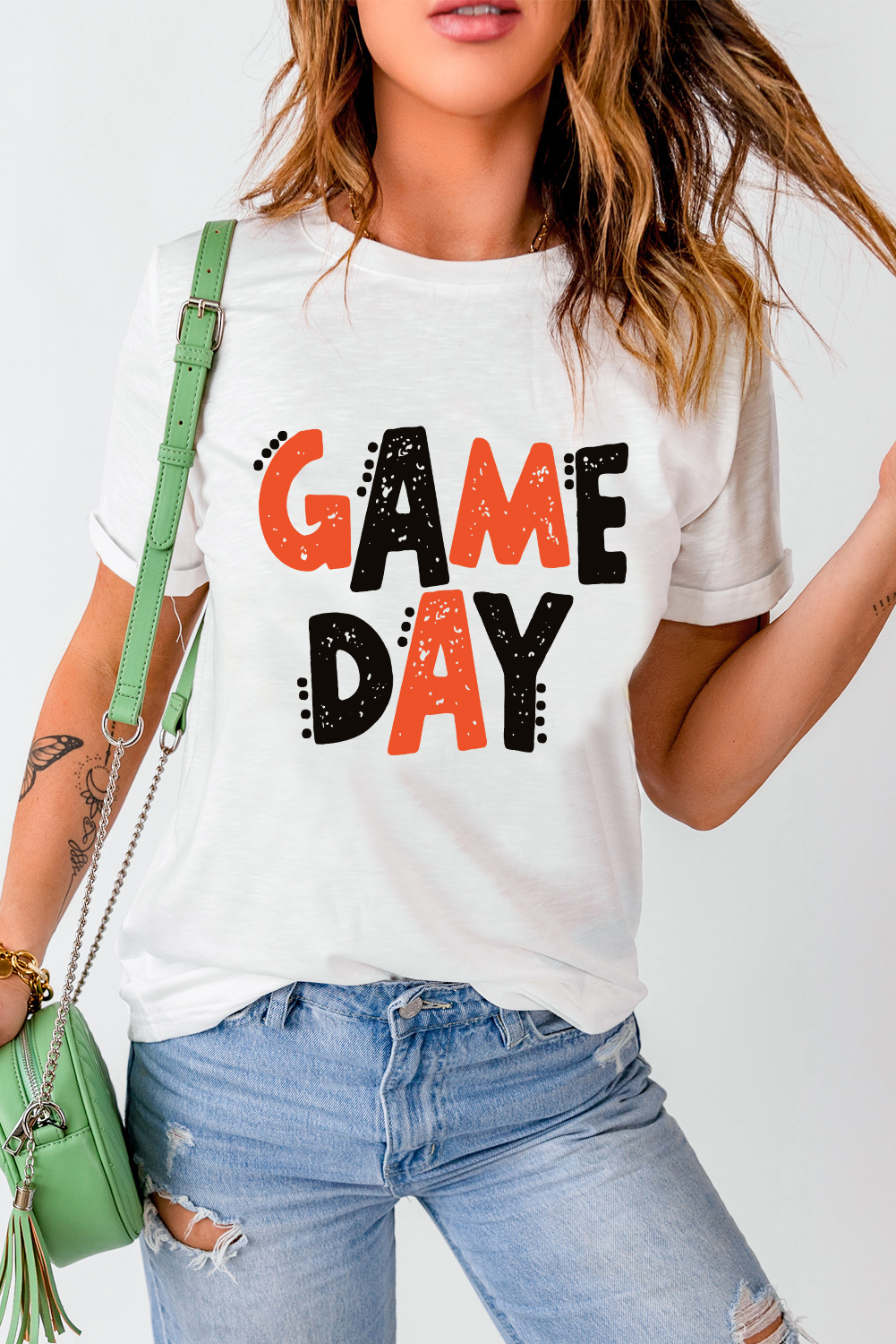 White GAME DAY Funny Letter Printed Casual Tee - Image 6