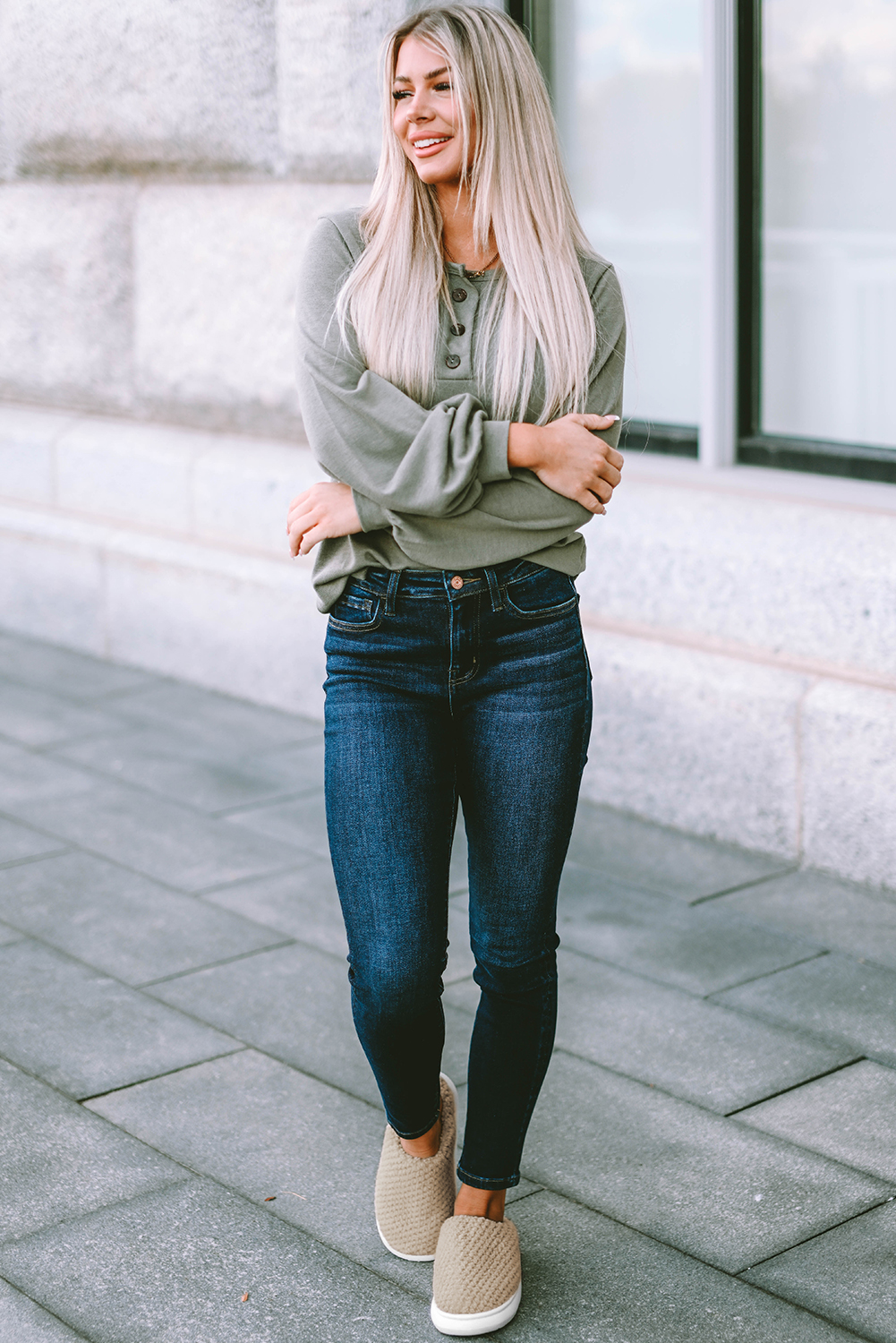 Pale Khaki Two-tone Knitted Warm Homewear Slippers - Image 6