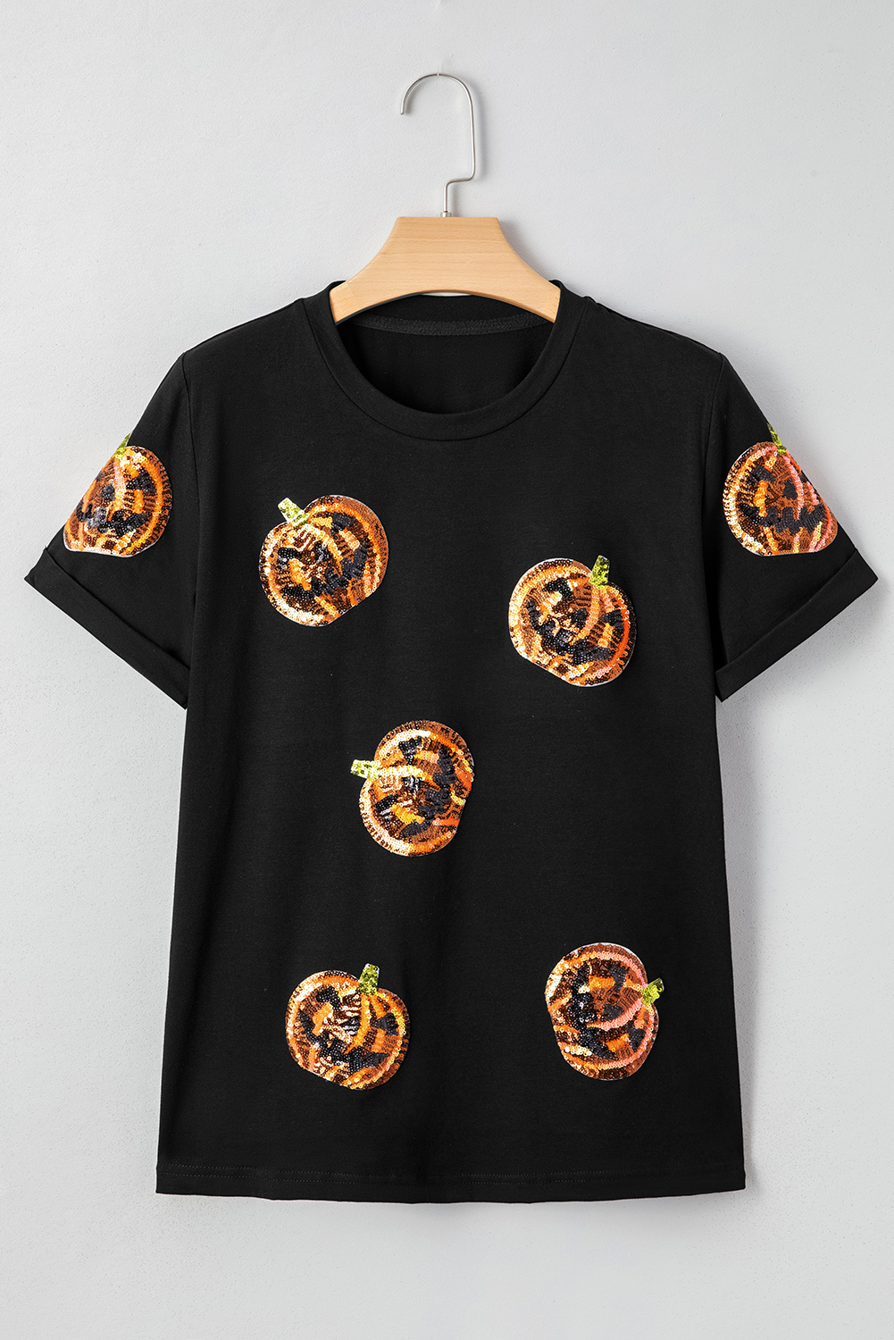 Black Sequin Pumpkin Face Halloween T Shirt - Image 8
