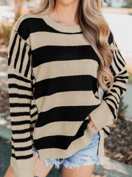Black Stripe Drop Shoulder Sleeve Patchwork Baggy Sweater