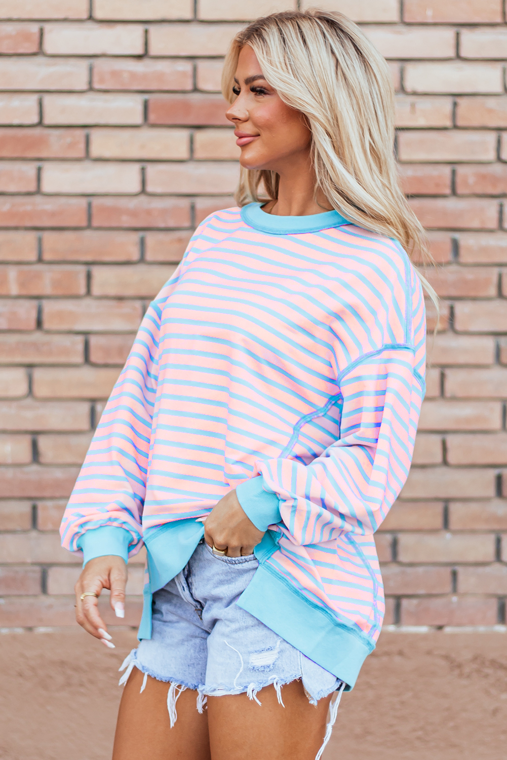 Pink Stripe Contrast Trim High Low Pullover Tunic Sweatshirt - Image 4