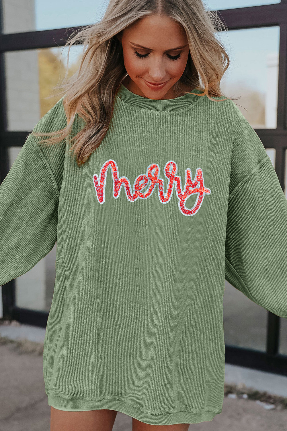Grass Green Sequined merry Letter Graphic Twisted Ribbed Baggy Sweatshirt - Image 3