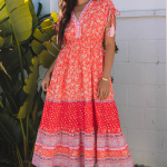 Red Floral Print Tasseled Tied Sleeve Empire Waist Maxi Dress