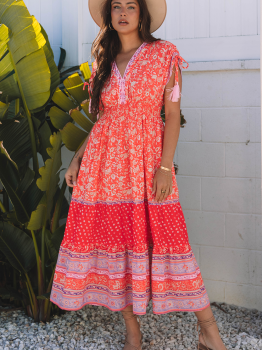 Red Floral Print Tasseled Tied Sleeve Empire Waist Maxi Dress