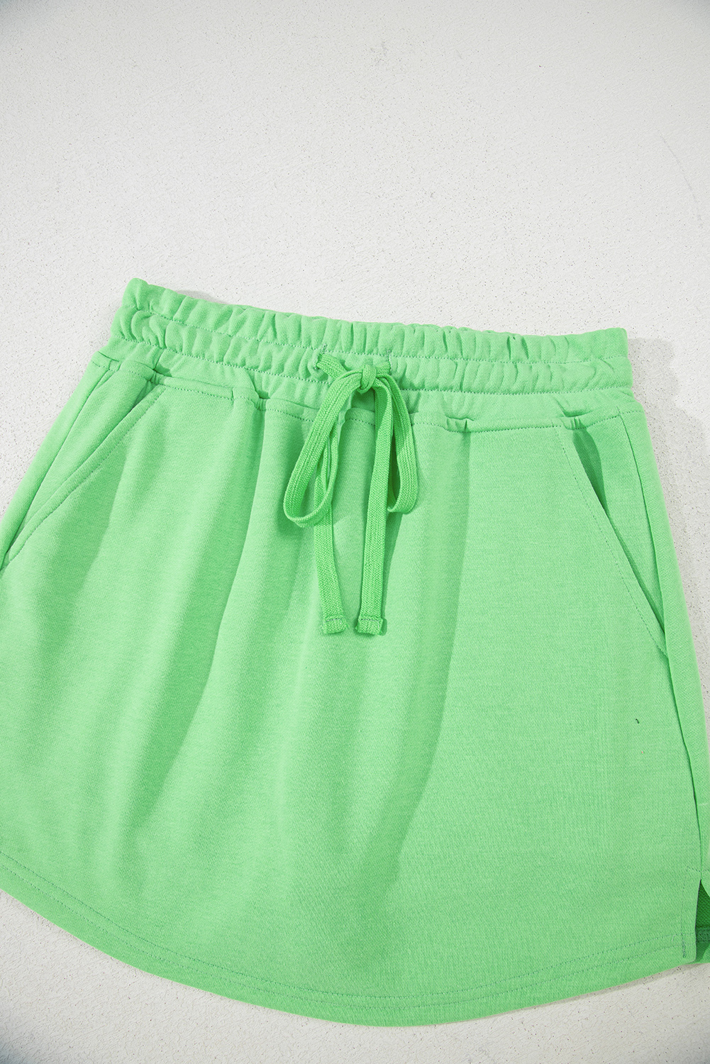 Light Green French Terry Drawstring Elastic Waistband Mini Skort with Pockets - Image 8