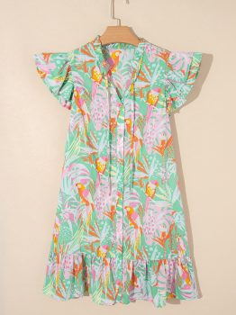 Green Abstract Floral Ruffle Trim Flutter Sleeve Buttoned Dress