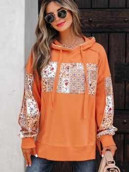 Flamingo Mix Floral Patchwork Side Slit Drawstring Hoodie