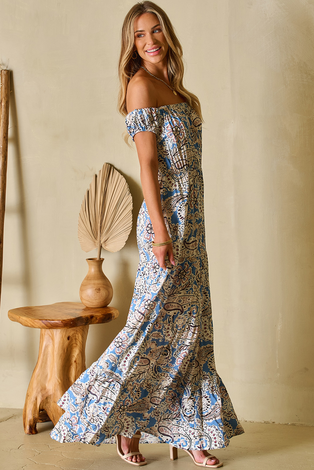 Blue Boho Paisley Print Off Shoulder Maxi Dress - Image 8