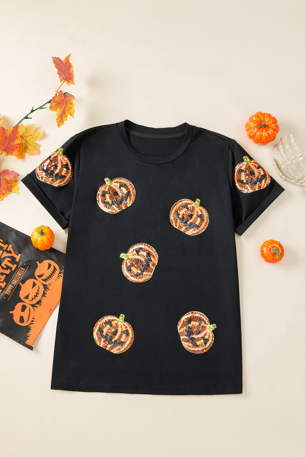 Black Sequin Pumpkin Face Halloween T Shirt - Image 6