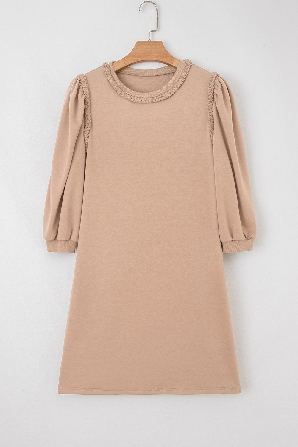 Light French Beige Braided Trim Puff Sleeve Dress - Image 7