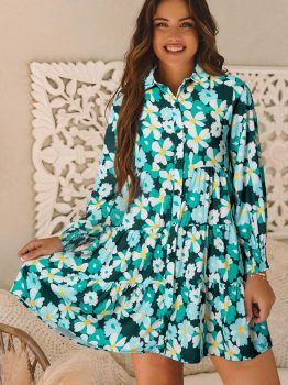 Green Floral Tiered Long Puff Sleeve Shirt Dress