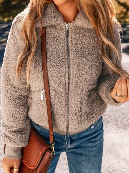 Light French Beige Zipper Pocketed Winter Fuzzy Jacket