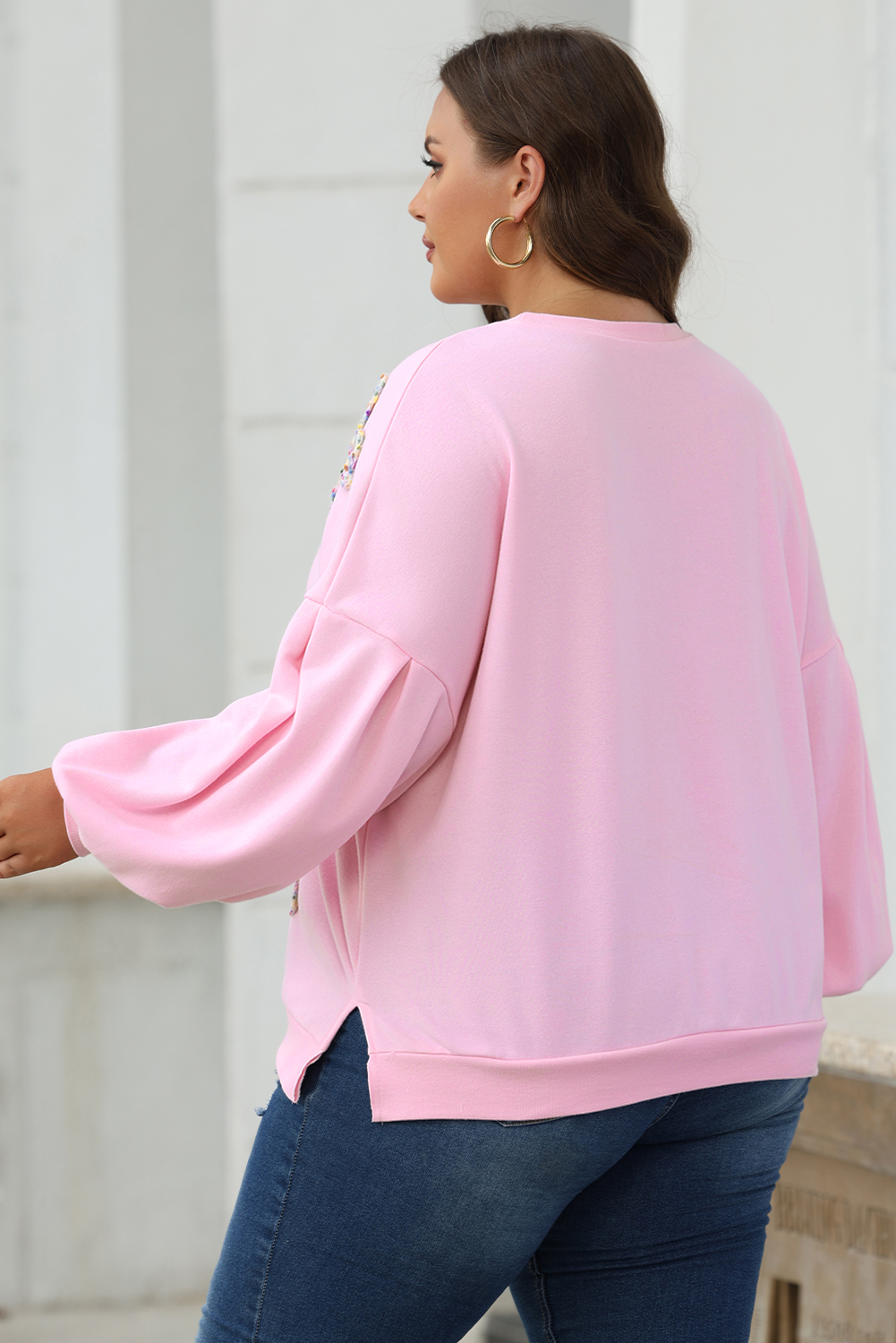 Light Pink Embroidered Bow Lantern Sleeve Oversized Pullover Sweatshirt - Image 4