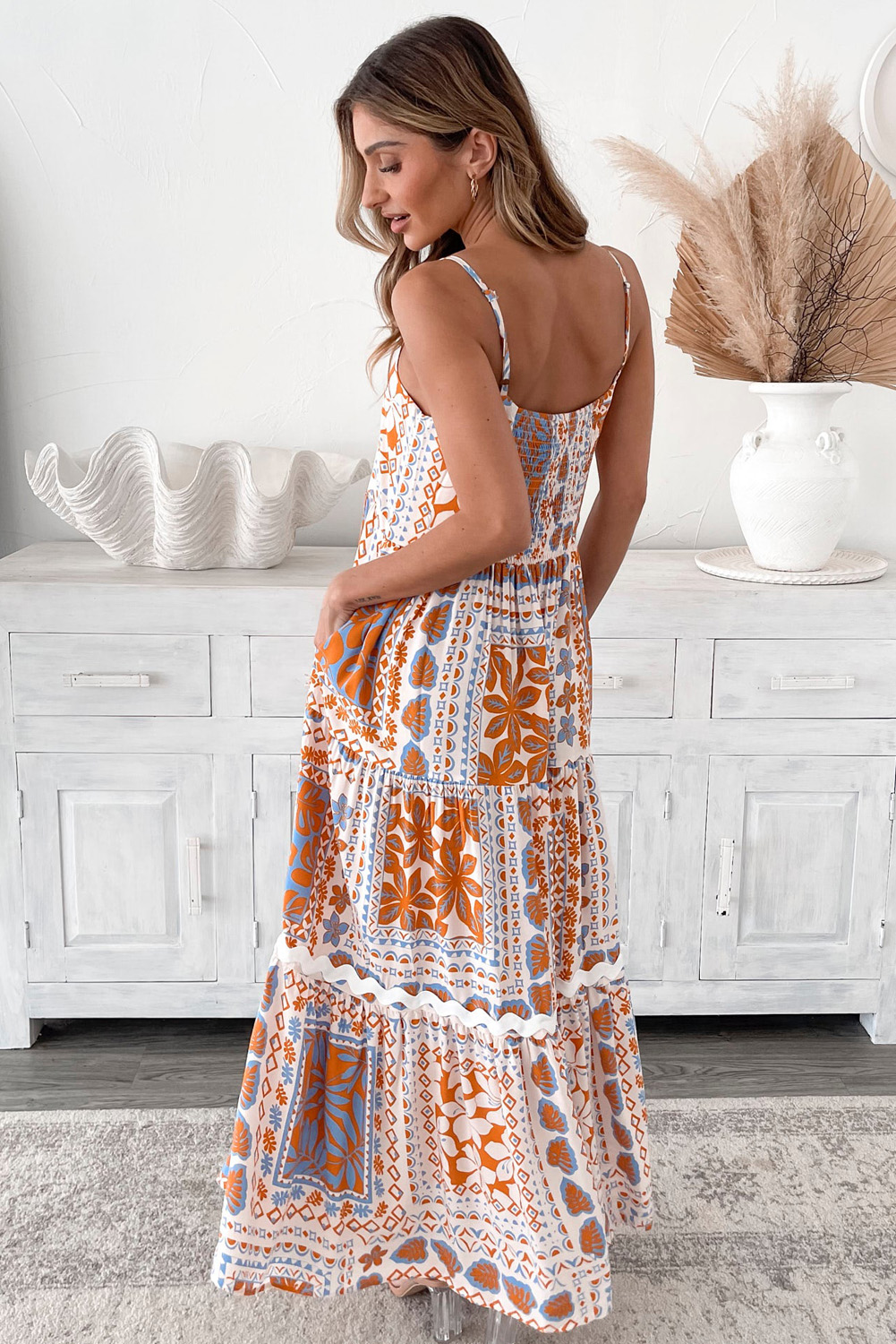 Orange Multi Printed Ricrac Trim Spaghetti Straps Maxi Dress - Image 8