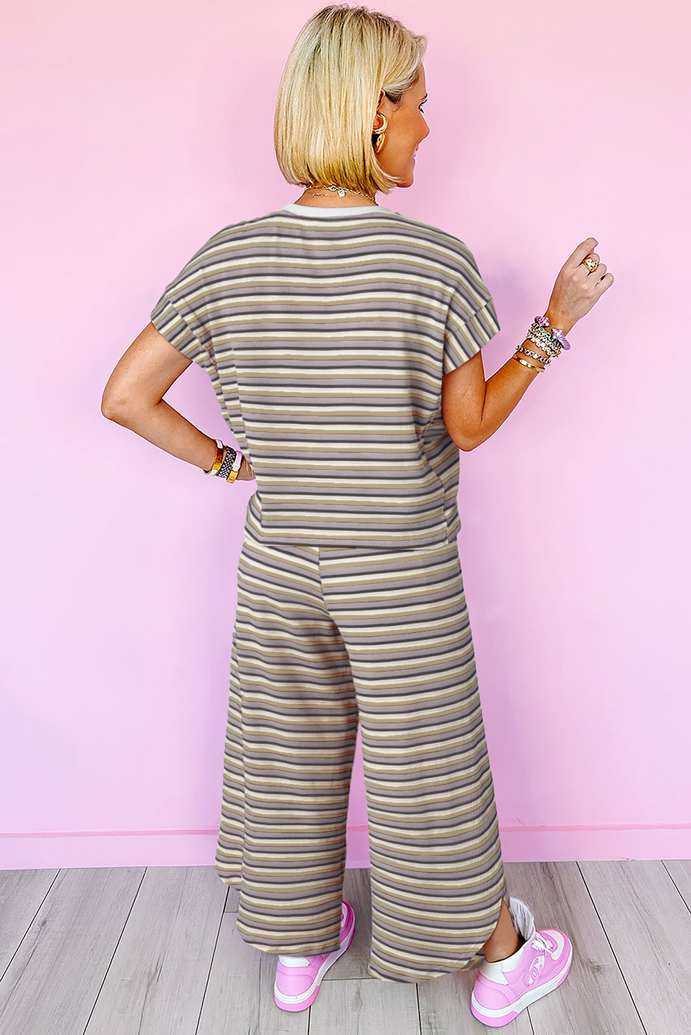 Black Stripe Rainbow Tee Tasseled String Wide Leg Pants Set - Image 2