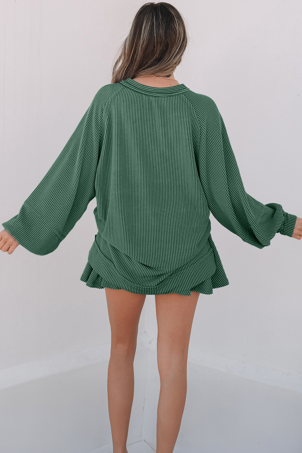 Mist Green Corded Lantern Sleeve Top High Waist Ruffled Mini Skirt Set - Image 2