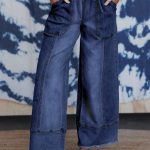 Prussian Blue Drawstring Seam Detail Raw Hem Wide Leg Denim Pants