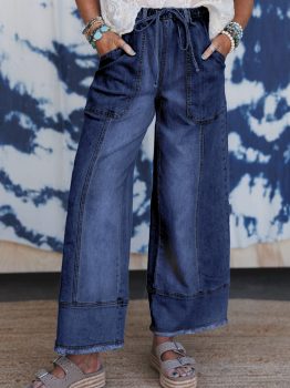 Prussian Blue Drawstring Seam Detail Raw Hem Wide Leg Denim Pants