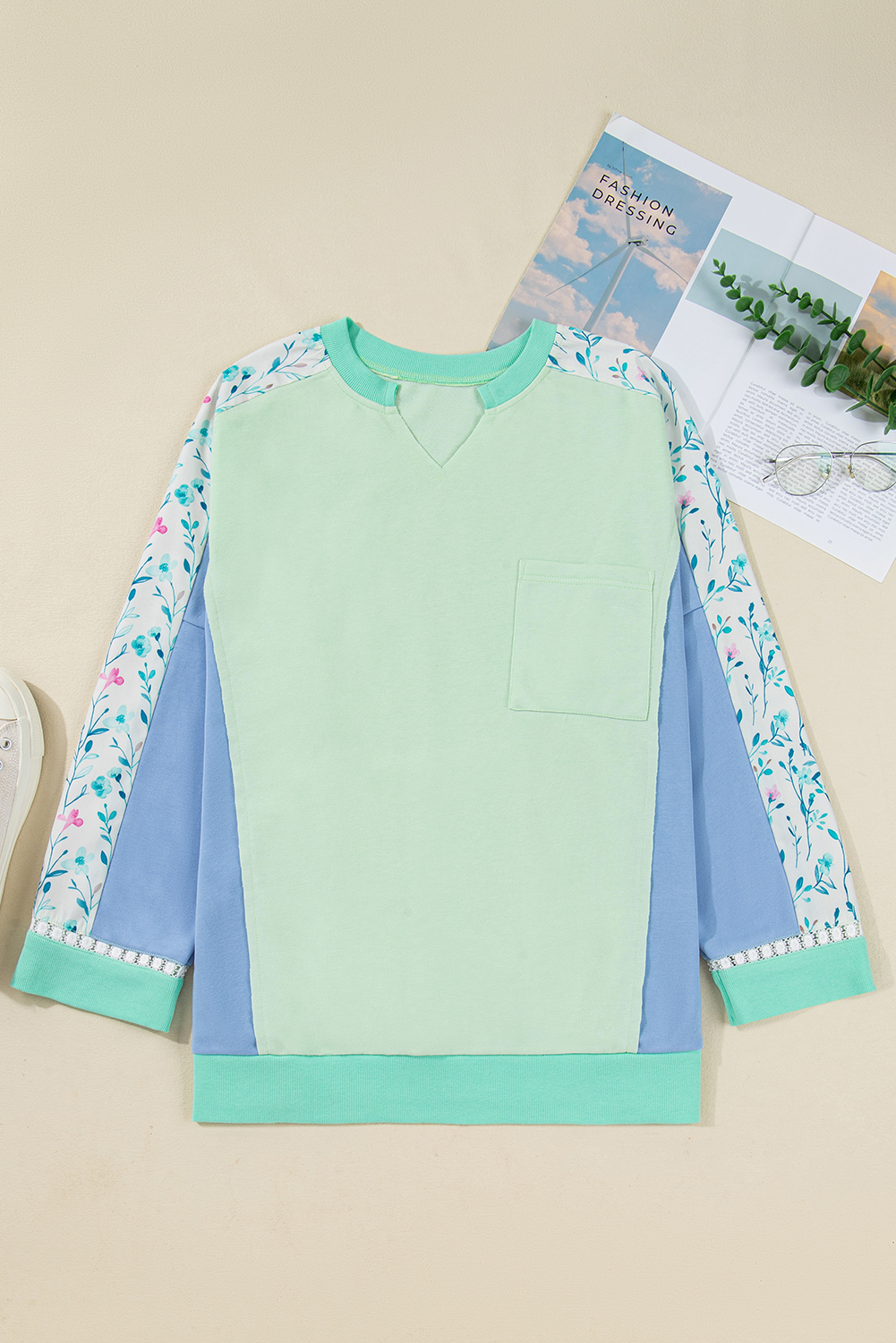 Green Color Block Floral Patchwork Long Sleeve Notched Neck Plus Size Top - Image 7