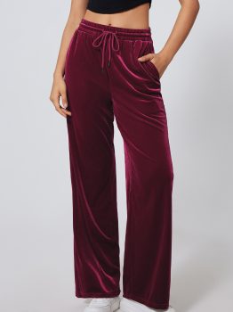Burgundy Solid Drawstring Waist Wide Leg Pants