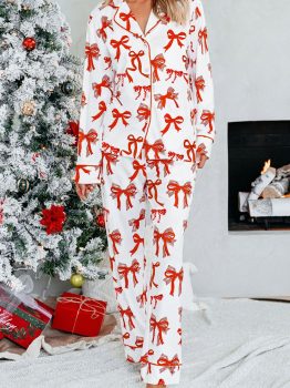 Red Christmas Bow Print Long 2pcs Pajama Set