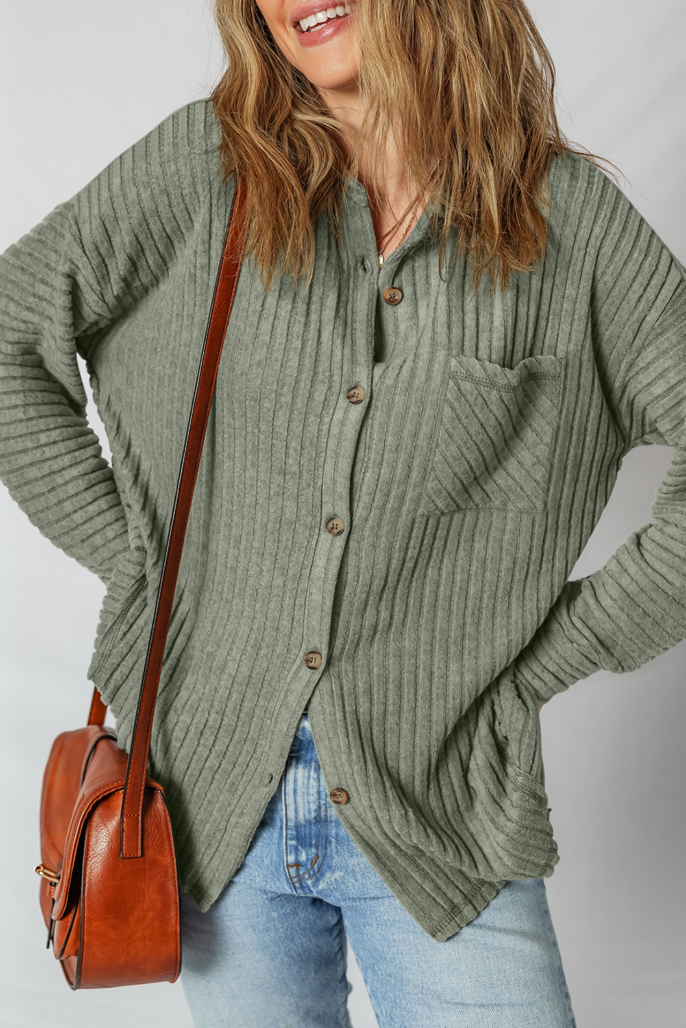 Mist Green Thermal Ribbed Texture Drop Shoulder Button Up Shacket - Image 4