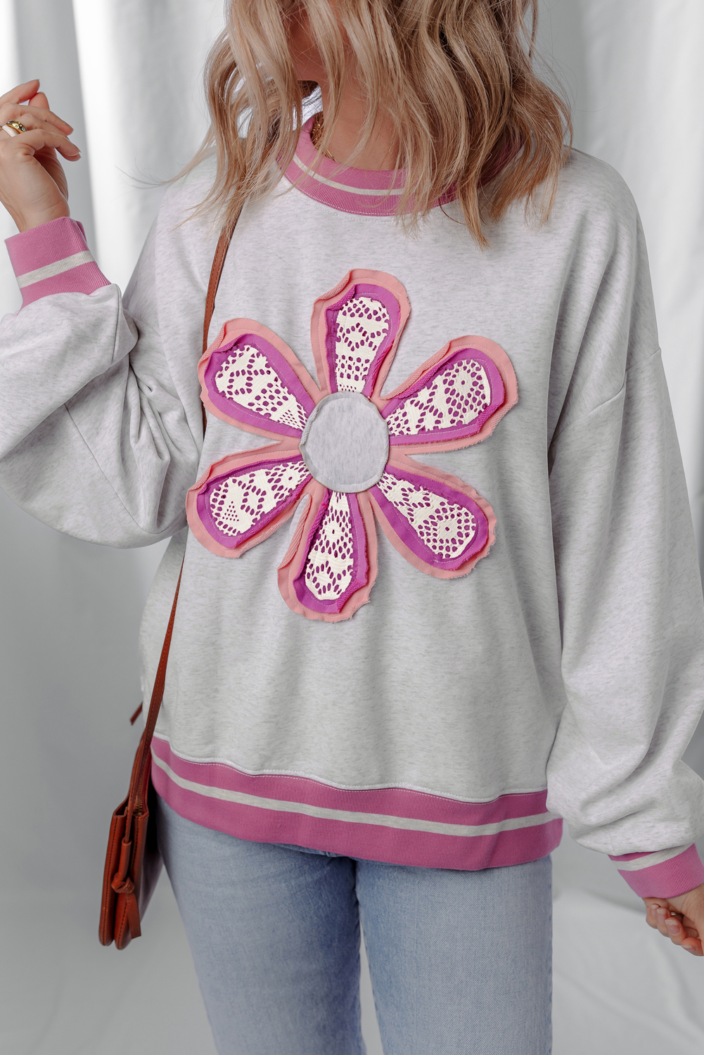 Gray Flower Patch Contrast Trim Crew Neck Sweatshirt - Image 8