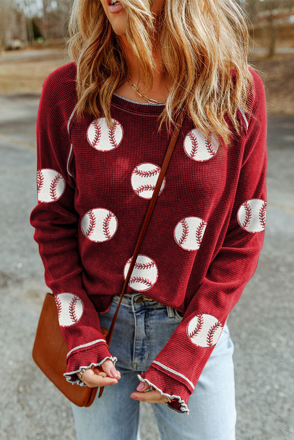 Red Baseball Patched Patterned Game Day Waffle Raglan Top - Image 3